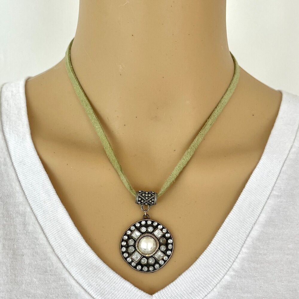 Rhinestone Pendant Necklace 16in Green Suede Cord Faux Pearl Cabochon
